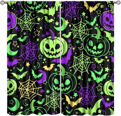 Vista 55 de Cortinas opacas de tela de araña aterradora para niños, tela de araña en blanco y negro, fondo rojo, dormitorio de niños, guardería, decoración
