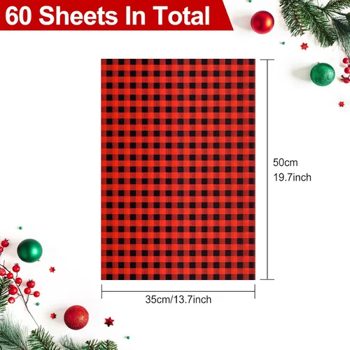 Vista 2 de MIAHART 60 hojas de papel de seda de Navidad de 14 x 20 pulgadas, estilos de búfalo, color rojo y negro, papel de seda para envolver regalos