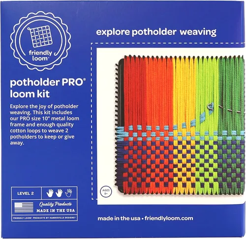 Vista 2 de Harrisville Designs Friendly Loom - Kit de tejido profesional para agarraderas, telar de metal resistente de 10 x 10 pulgadas y bucles de tejido