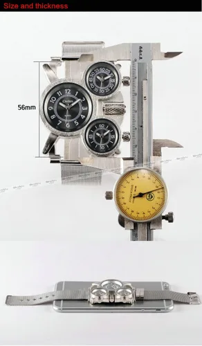 Vista 6 de OULM Reloj de pulsera de cuarzo para hombre, estilo militar, militar, correa de acero inoxidable, 3 zonas horarias, pantalla de gran tamaño + caja