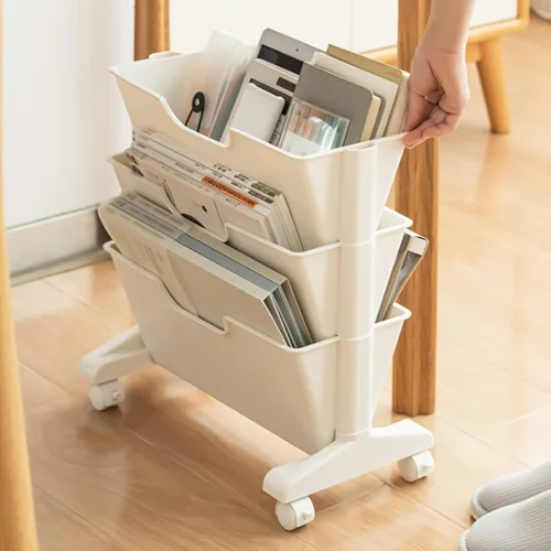 Vista 3 de Estantería móvil de 3 niveles, estantería móvil de 3 capas de capacidad, estantes de almacenamiento debajo del escritorio, organizador de libros