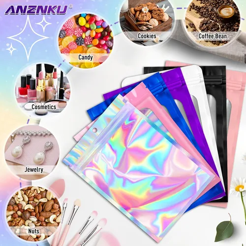 Vista 6 de ANZNKU 300 bolsas holográficas de Mylar resellables, bolsas resellables de 4x6 pulgadas para pequeñas empresas, bolsa de kit para resaca a prueba