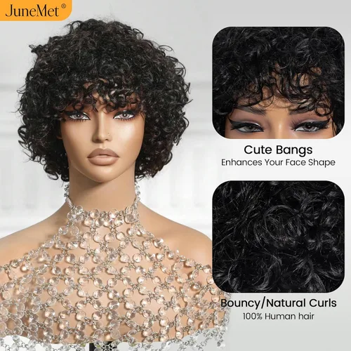 Vista 2 de Ruiyu - Peluca rizada con corte de pelo lanudo con flequillo, cierre de cabello humano, peluca sin pegamento, pelucas onduladas con flequillo