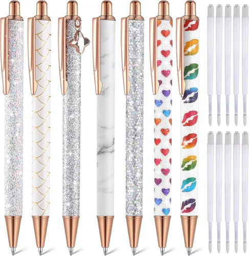 Vista 10 de Sherr 7 bolígrafos elegantes para mujer, lindos bolígrafos de purpurina brillantes con 10 recambios de tinta negra, bonitos regalos para niñas