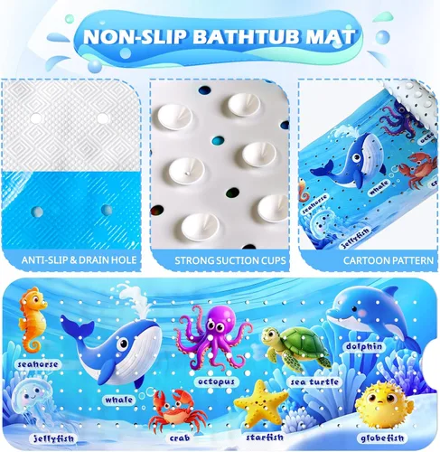 Vista 2 de Tapete de baño antideslizante para niños, tapete de baño antideslizante para niños de 40 x 16 pulgadas de largo para bañera con ventosas seguras