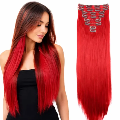 Vista 14 de CAISHA XXL - Juego de 8 extensiones de cabello con clip de 24 pulgadas, extensiones de cabello lacio rojo burdeos CES10