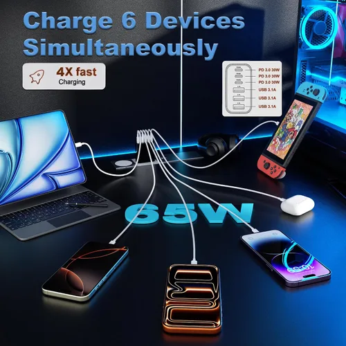 Vista 2 de Bloque de Cargador USB C, Paquete de 2 Cargadores de Pared USB C de 65W con 6 Puertos, Cargador de Pared para iPhone, Adaptador de Corriente PD+QC