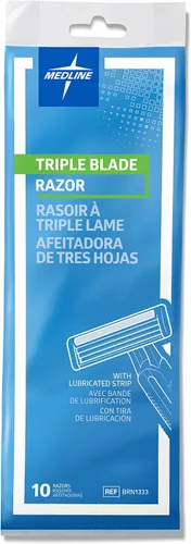 Vista 3 de Medline Maquinillas de afeitar faciales desechables con cuchillas triples y tira de lubricación, ideales para pieles sensibles, color azul, paquete