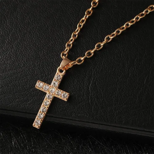 Vista 3 de Collar con colgante de cruz clásica de cristal de Jesús Cruz de clavícula, collar de cadenas de joyería para hombresmujeres, regalo de joyería