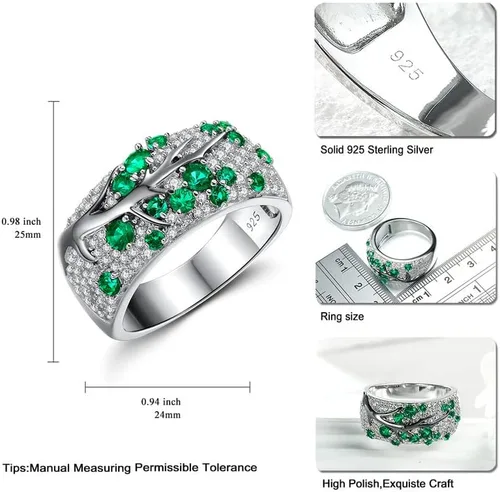 Vista 5 de RANDES Anillo de plata de ley 925 con ramas de árbol de rubíesmeralda para mujer, joyería de piedra natal