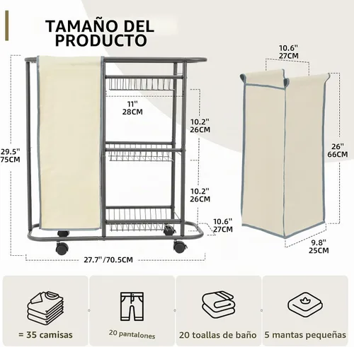 Vista 3 de Carrito de lavandería estrecho de 3 niveles con ruedas 45L para dormitorio Beige