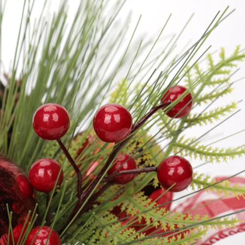 Vista 3 de Briful Mini árbol de Navidad artificial de 10 pulgadas en maceta con piñas, bayas y cinta de bola de Navidad roja, arreglos navideños, centros