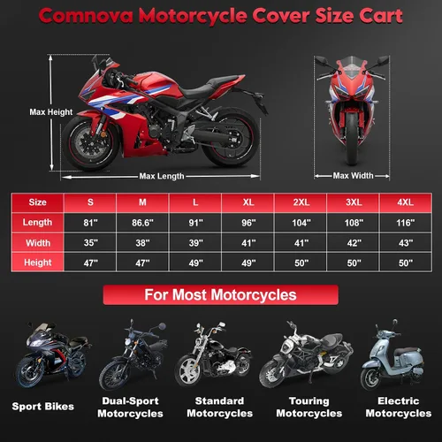 Vista 3 de Comnova - Funda para motocicleta de 81 pulgadas, 600D, impermeable, con orificio de bloqueo, ajuste universal para Harley, Honda, Kawasaki