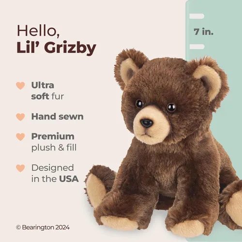 Vista 2 de Bearington Lil' Grizby Oso Pardo Animal de Peluche - Osos Teddy Marrones Suaves Realistas de 7 Pulgadas, Juguetes de Peluche - Regalo de Peluches