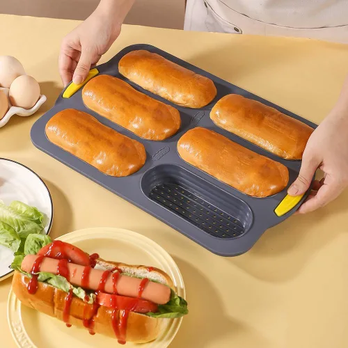 Vista 3 de MUJUZE Molde para bollo de perro caliente, molde de pan de 6 cavidades, molde de silicona para bollos de perro caliente, antiadherente y resistente