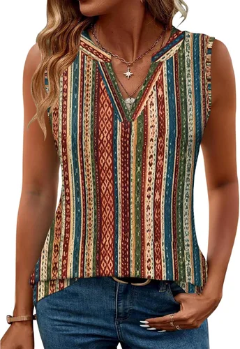 Vista 29 de Romanstii Camisas sin mangas para mujer, estilo casual, de verano, cuello en V, blusas elegantes, túnica