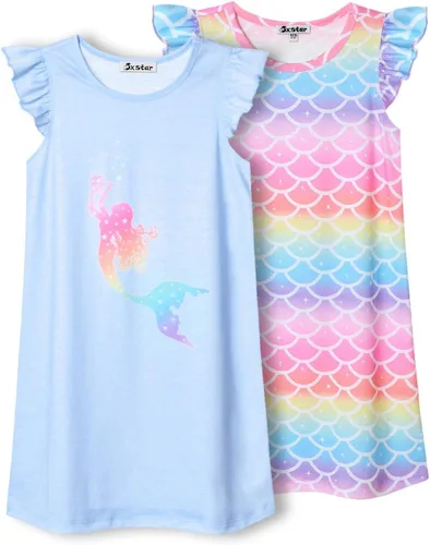 Vista 7 de Jxstar Paquete de 2 camisones para niñas, pijamas de manga con vuelo, vestidos de noche de algodón