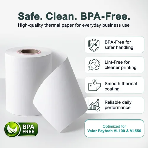 Vista 4 de Rollo de papel de recibo para máquina de tarjetas de crédito Valor Paytech VL 110 y VL 500 (10 rollos)