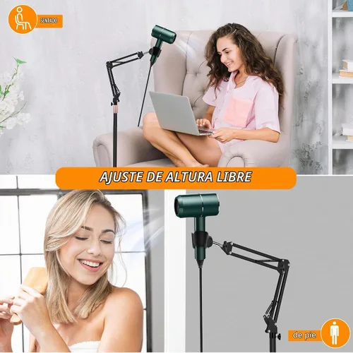 Vista 4 de Soporte para Secador de Pelo, Altura Ajustable de 1.68M, Soporte para Secador de Manos Libres con Base Pesada, Rotación de 360 Grados, Funciona