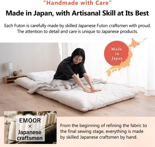 Vista 6 de EMOOR Colchón de futón japonés extra grueso, con dobladillo pequeño, tamaño individual, fabricado en Japón, color blanco, plegable, cama