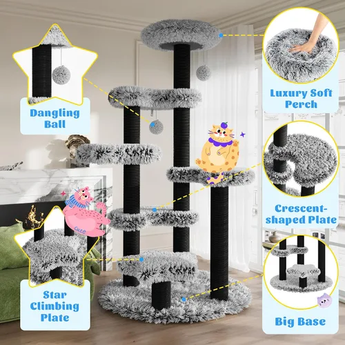 Vista 6 de SHA CERLIN Torre de árbol para gatos de 61.5 pulgadas, centro de actividades de varios niveles con percha acogedora, plataforma