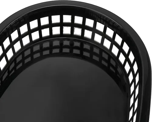 Vista 3 de Paquete de 24 cestas negras para servir comida rápida, de 11 x 7 pulgadas, forma ovalada de plástico para servicio de delicatessen, pan, perritos