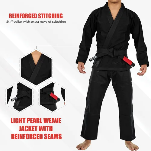 Vista 4 de FUJI Elemental Brazilian Jiu Jitsu Gi, uniforme BJJ con tejido Pearl WeaveJacket, hecho de mezcla de algodón Fuji Negro