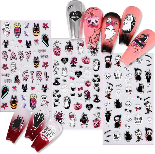 Vista 8 de Calcomanías de uñas de Halloween con diseños atractivos, 5D en relieve autoadhesivas, calcomanías de arte de uñas de Halloween, calavera, fantasma
