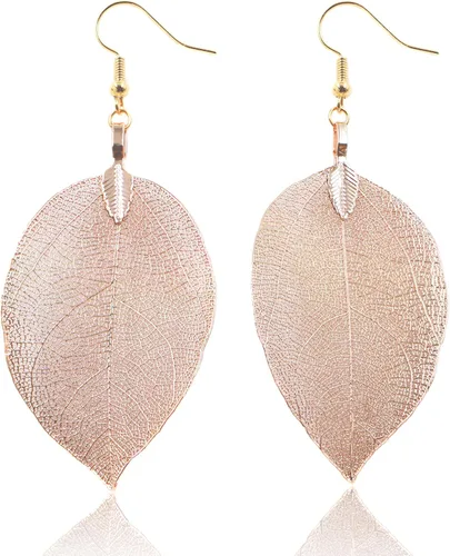 Vista 23 de Joyas de hoja de oro rosa y plata para mujer. Pendientes de hoja natural y collares circulares colgantes. Elegantes conjuntos de joyas colgantes.