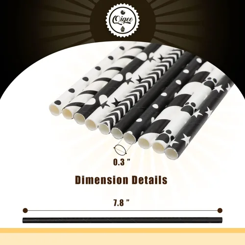 Vista 5 de qiqee Pajitas de papel negro, 150 pajitas desechables a granel (10 patrones negros, biodegradables, desechables, 7.75 x 0.25 pulgadas)