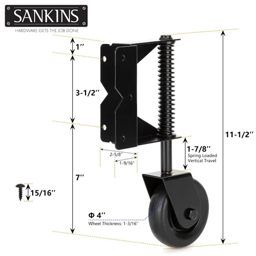 Vista 4 de Rueda resistente con resorte con placa de montaje universal de 360 grados para madera, puertas de metal, valla de PVC, 4 pulgadas, capacidad de 220