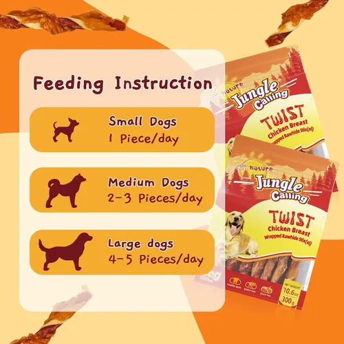 Vista 5 de Jungle Calling Golosinas para perros, palitos masticables de cuero crudo envueltos en pollo, masticables dentales altos en proteínas y bajos