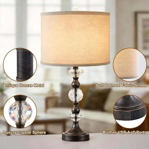 Vista 3 de Juego de 2 lámparas de mesa de cristal de 25.5" para dormitorio, lámparas de mesita de noche de bronce con puertos de carga USB A+C con pantalla