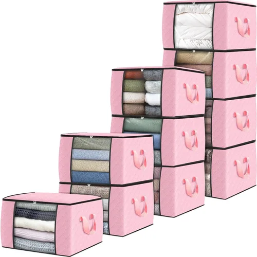 Vista 47 de Fab totes Paquete de 3 bolsas de almacenamiento plegables de tela gruesa, contenedores para organizar dormitorio, armario, ropa, edredón, Beige