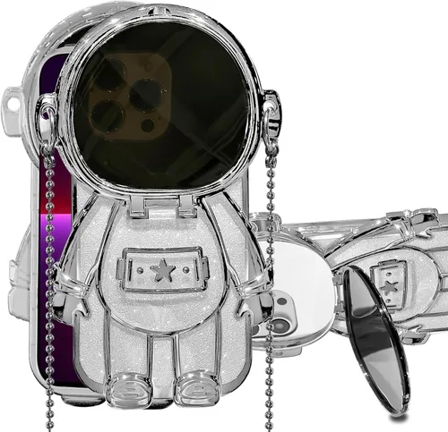 Vista 12 de Funda de astronauta compatible con iPhone 14 Pro Max con soporte, espejo, correa de hombro con cordón, espejo de papel con purpurina desmontable
