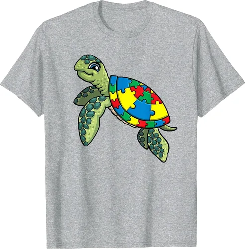 Vista 53 de Turtle Puzzle Pieces for Autism Awareness Kids Women Teacher T-Shirt Asphalt Grey