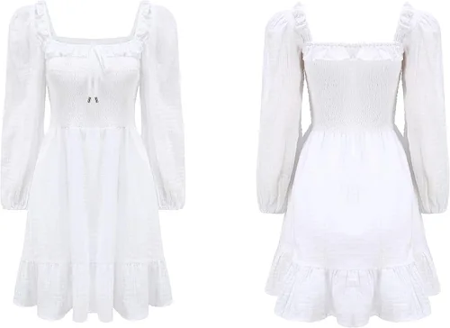 Vista 6 de R.Vivimos Minivestido de algodón de manga larga con cuello cuadrado y volantes fruncidos para mujer