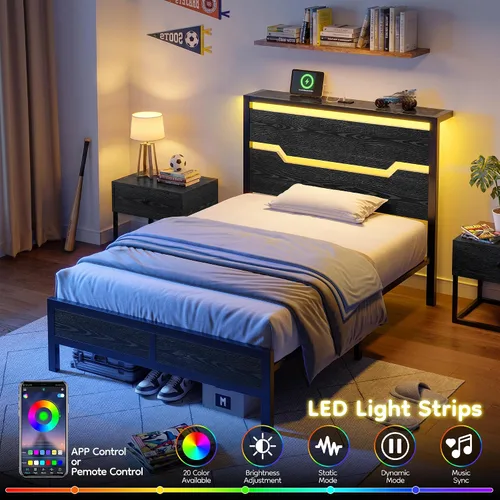 Vista 4 de Homkdom Twin Size Bed Frame with LED, Headboard Shelf & USB Ports
