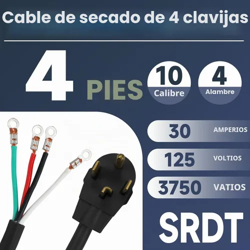 Vista 2 de EP Cable de secado de 4 puntas, 4 pies SRDT 10/4, cable de alimentación de extensión de electrodomésticos de 30 amperios, NEMA 14-30, negro