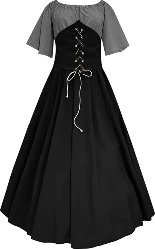 Vista 5 de SHOPESSA Disfraz medieval para mujer, vestido renacentista, vestido de baile de retazos, campesino, manga acampanada, vestido medieval con corsé