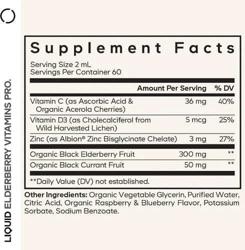 Vista 2 de Codeage Elderberry Vitamins Pro – Gotas líquidas de saúco negro orgánico – Vitamina C, D3, zinc, grosella negra – Suministro de 2 meses – Líquido