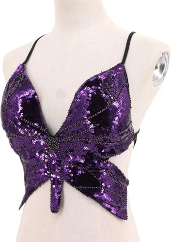 Vista 5 de Camiseta sin mangas sexy para mujer, parte superior de mariposa con lentejuelas recortadas para mujer, parte superior de mariposa, i, talla única