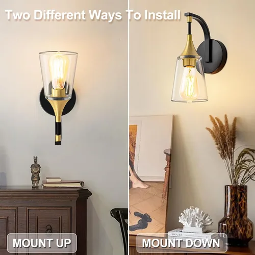 Vista 4 de Lámpara de pared de baño de 1 luz, lámpara de pared negra y dorada con pantalla de vidrio transparente, lámpara de pared moderna para interiores
