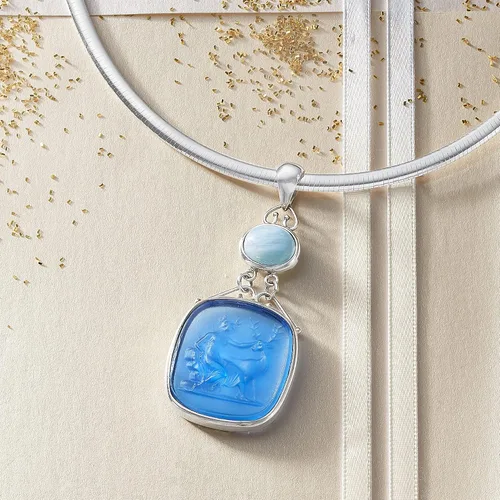 Vista 3 de Ross-Simons Colgante italiano de cristal veneciano de aguamarina y azul de 250 quilates estilo cameo en plata de ley Plata esterlina aguamarina