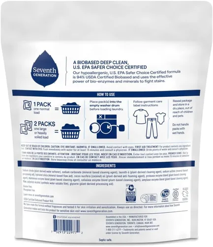 Vista 2 de Seventh Generation Paquetes de detergente para ropa, libre y transparente, 90 cargas (2 bolsas, 45 unidades EA)