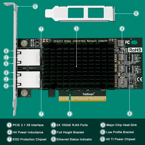 Vista 3 de Interfaz PCIE X8 a 2 puertos RJ45 de 10 Gbps, controlador Ethernet Intel X540-AT2, 2 tarjetas NIC PCIE de interfaz RJ45 de 10GbE, adaptador de red