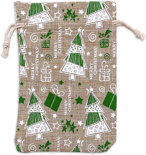 Vista 16 de 48 paquetes de 3x4 bolsas de regalo reutilizables de yute y arpillera con cordones (Feliz Navidad, X-Pequeño) - para regalos, favores de fiesta