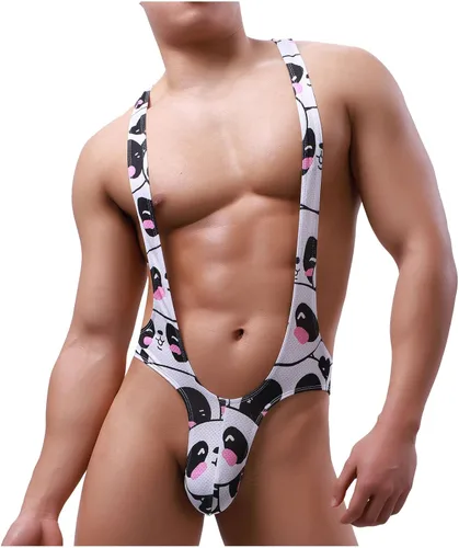 Vista 5 de Enterizo de malla con estampado de leotardo sexy para hombre, con estampado de camiseta de lucha libre