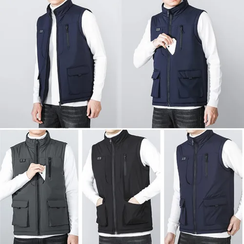 Vista 5 de Chaleco térmico ligero para hombre con bolsillo, control de doble interruptor, 11 zonas de calefacción, abrigo térmico
