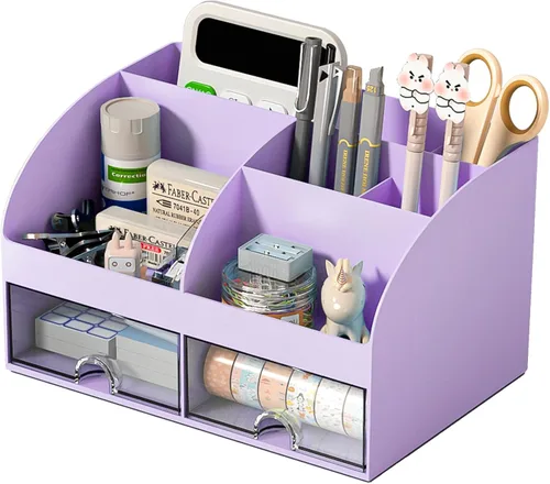 Vista 12 de Organizador de escritorio con 6 compartimentos y 2 cajones, organizador de maquillaje de plástico, soporte para bolígrafos para almacenamiento